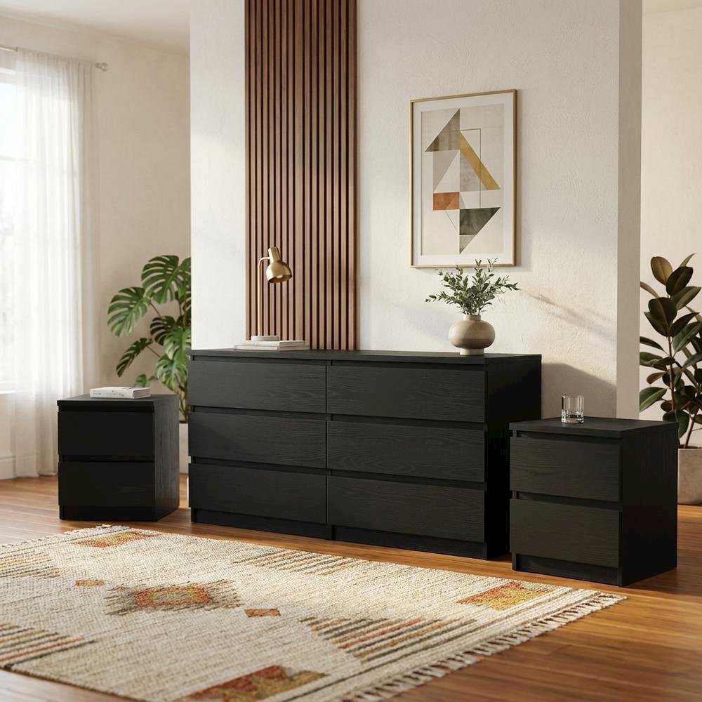 3 Piece Bedroom Set with Double Dresser and Nightstands in Classic Finish