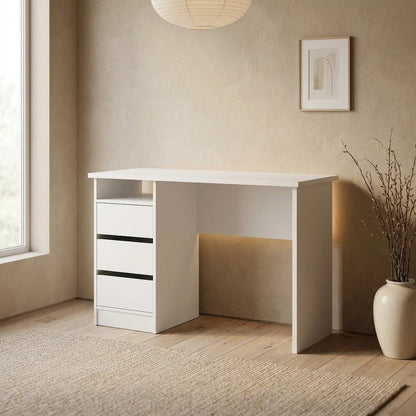 White Computer Desk with 3 Drawers and Open Shelf for Home Office