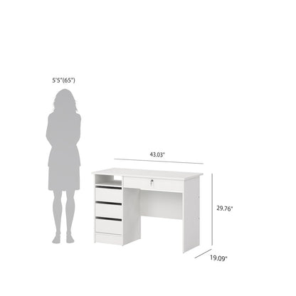 Sleek White Computer Desk with Three Drawers and Open Shelf for Storage