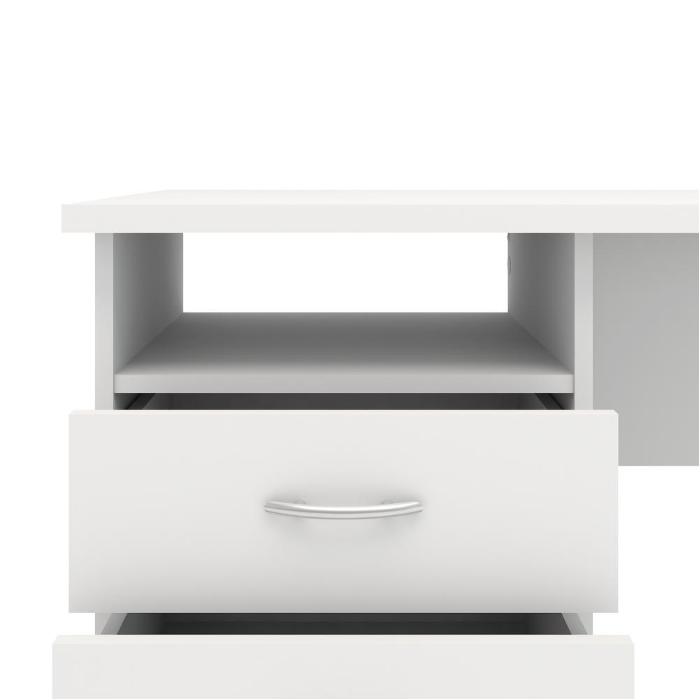 Sleek White Computer Desk with Three Drawers and Open Shelf for Storage