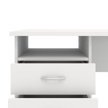 Sleek White Computer Desk with Three Drawers and Open Shelf for Storage