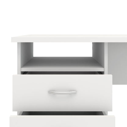 Sleek White Computer Desk with Three Drawers and Open Shelf for Storage