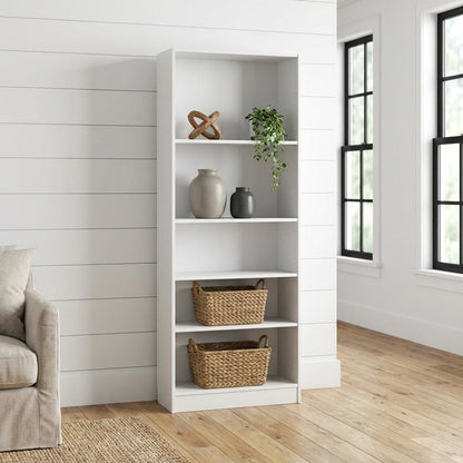 White Tall Wide 5 Shelf Bookcase with Adjustable Shelves and Metal Pulls