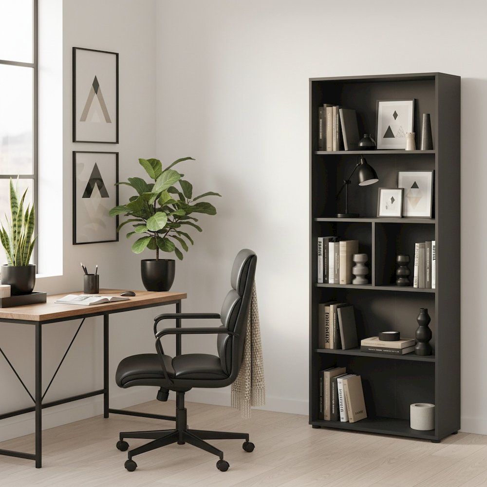 Contemporary Gray 6-Shelf Bookshelf for Bedroom, Office, or Living Room
