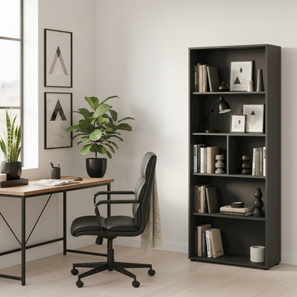 Contemporary Gray 6-Shelf Bookshelf for Bedroom, Office, or Living Room