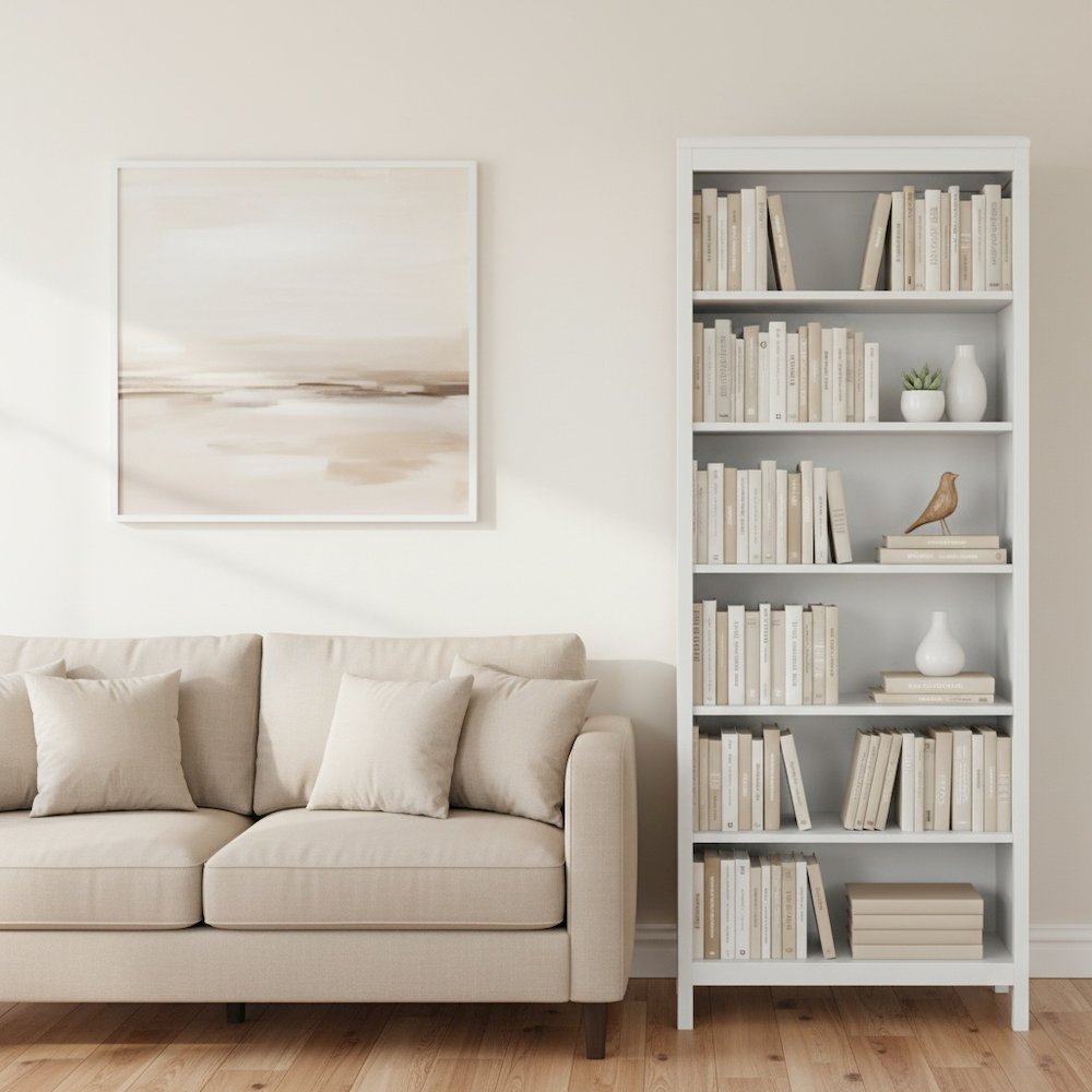 Modern White 6-Shelf Bookcase with Adjustable Shelves for Home Office