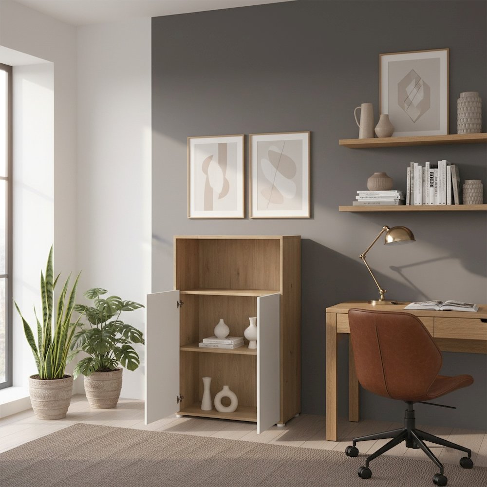Brown 3-Shelf Bookcase with 2 Doors and Adjustable Storage Shelves