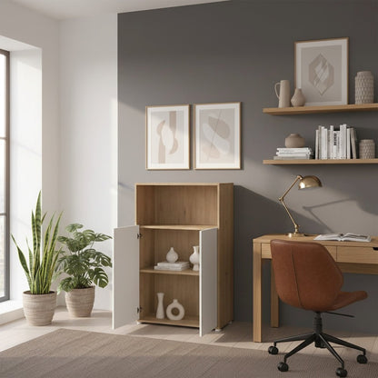 Brown 3-Shelf Bookcase with 2 Doors and Adjustable Storage Shelves