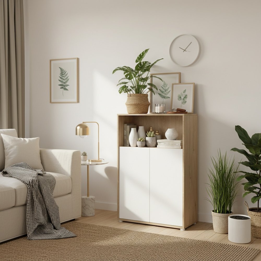 Brown 3-Shelf Bookcase with 2 Doors and Adjustable Storage Shelves