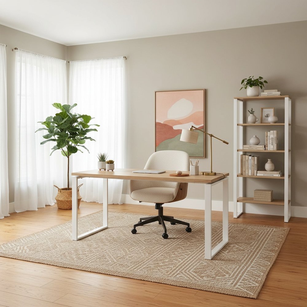 Brown Computer Desk with Metal Legs for Home Office or Study Room