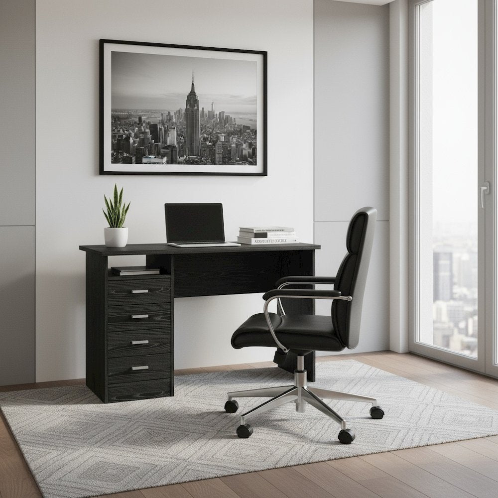 Modern Black Home Office Desk with 4 Drawers and Open Storage Shelf
