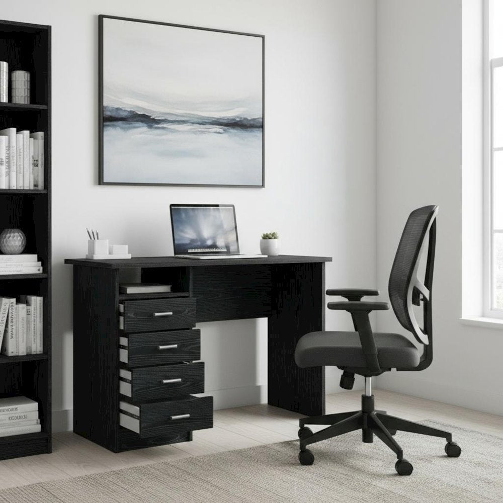 Modern Black Home Office Desk with 4 Drawers and Open Storage Shelf