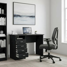 Modern Black Home Office Desk with 4 Drawers and Open Storage Shelf