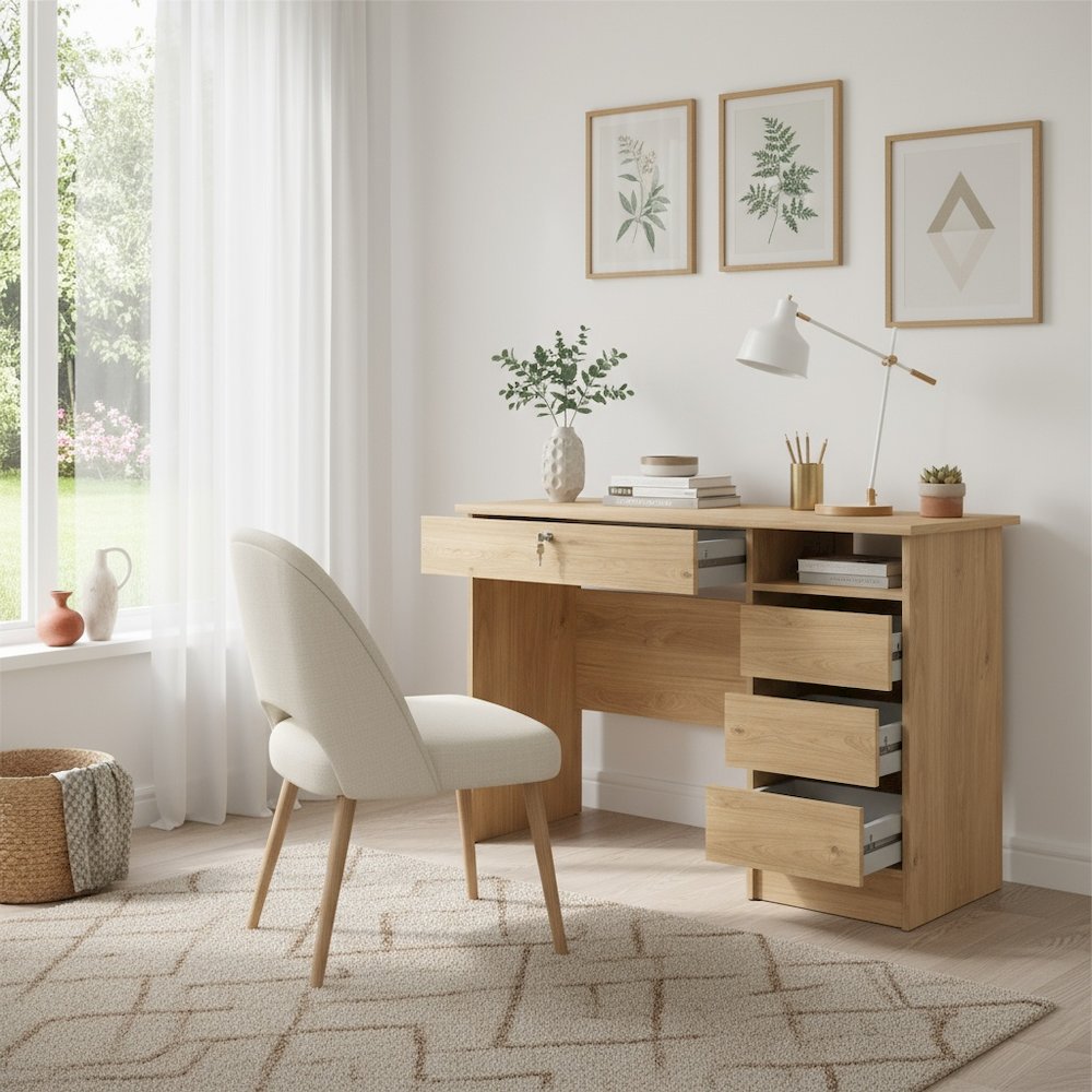 Brown Home Office Desk with 4 Drawers and Open Shelf for Study Use