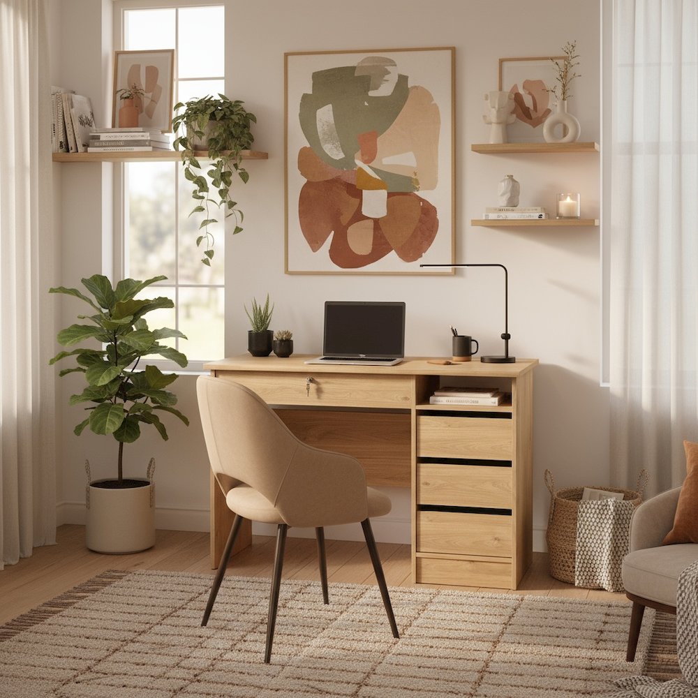 Brown Home Office Desk with 4 Drawers and Open Shelf for Study Use