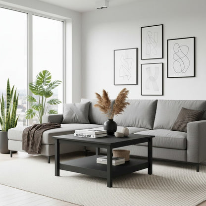 Modern Black Matte Coffee Table with Open Shelf for Living Room