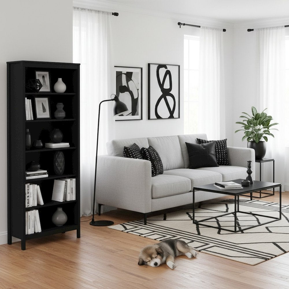 Black 6-Shelf Bookshelf with Adjustable Storage Shelves for Office