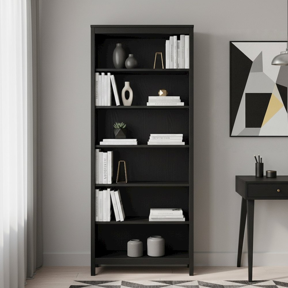 Black 6-Shelf Bookshelf with Adjustable Storage Shelves for Office