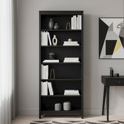 Black 6-Shelf Bookshelf with Adjustable Storage Shelves for Office