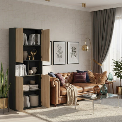Gray 6-Shelf Bookcase with 4 Doors and Adjustable Storage Shelves