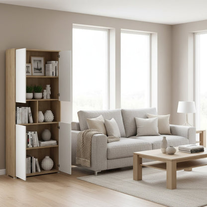 Brown 6-Shelf Bookcase with 4 Doors and Adjustable Shelves
