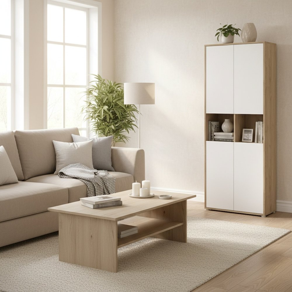 Brown 6-Shelf Bookcase with 4 Doors and Adjustable Shelves