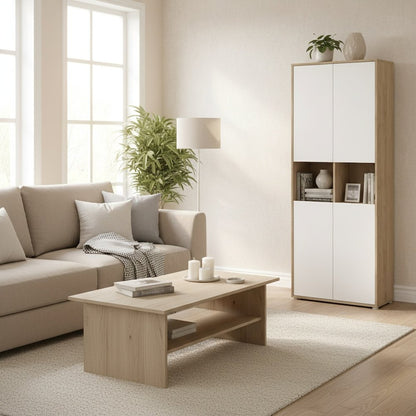 Brown 6-Shelf Bookcase with 4 Doors and Adjustable Shelves