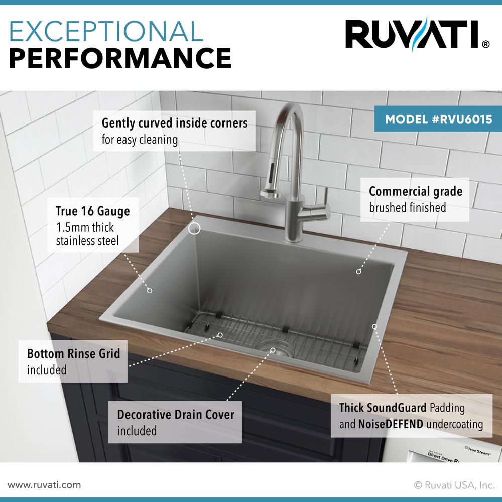 Ruvati Topmount Laundry Utility Sink 25 x 22 x 12 inch Tight Radius Deep 16 Gauge Stainless Steel - RVU6015