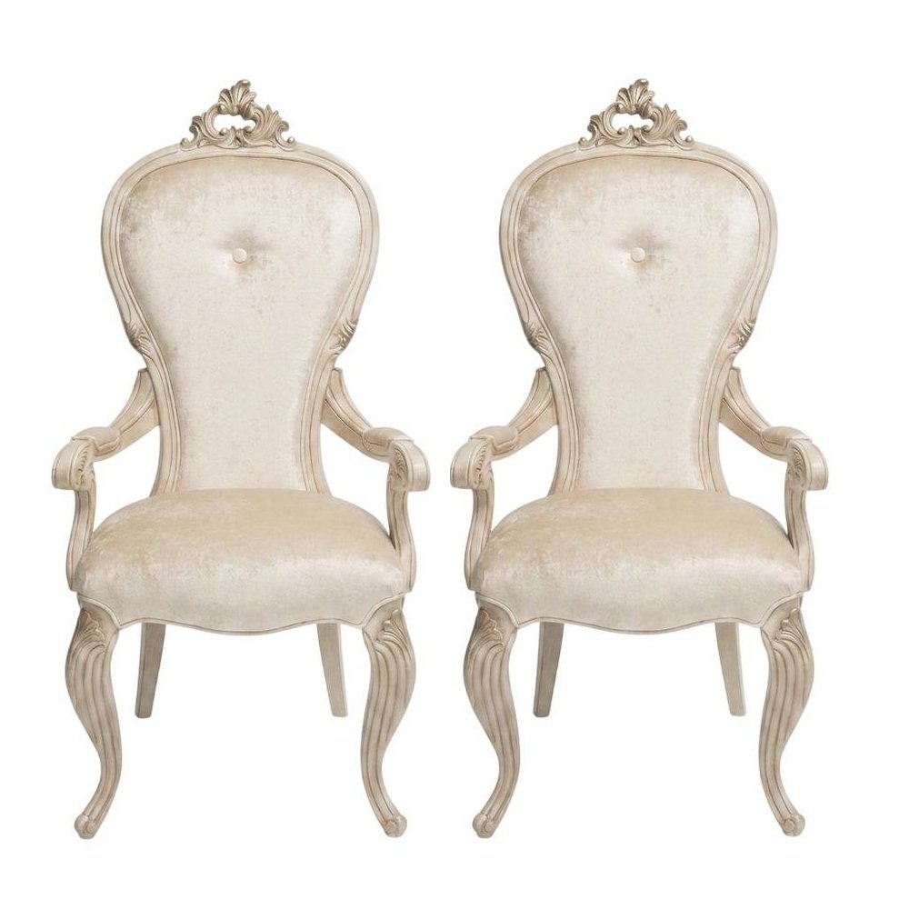 Champagne Velvet Dining Arm Chairs Set of 2 with Rubberwood Frame