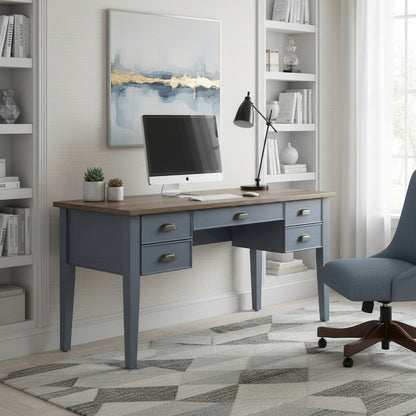 Farmhouse Half Pedestal Executive Desk, 4 Drawers, Power Center, Blue