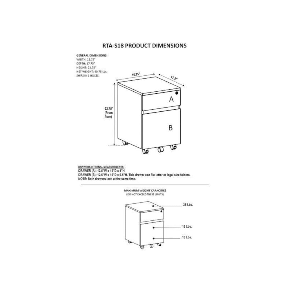 Rolling two Drawer Vertical Filing Cabinet with Lock and Storage, Grey