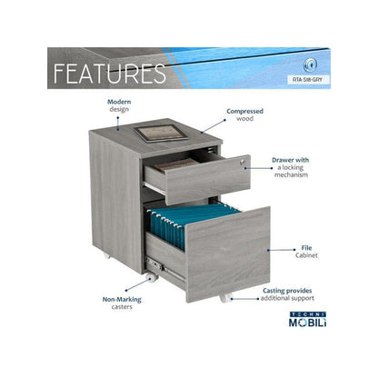 Rolling two Drawer Vertical Filing Cabinet with Lock and Storage, Grey
