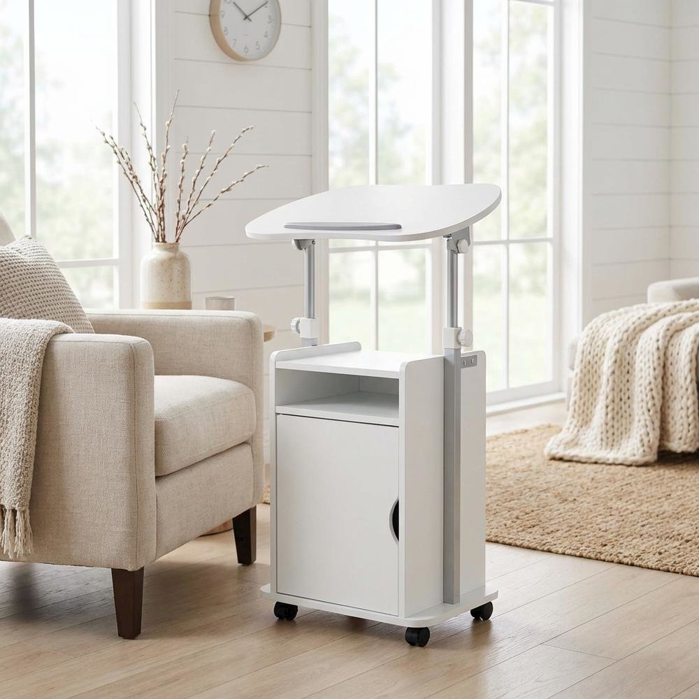 Adjustable White Rolling Laptop Cart With Storage For Versatile Office Use