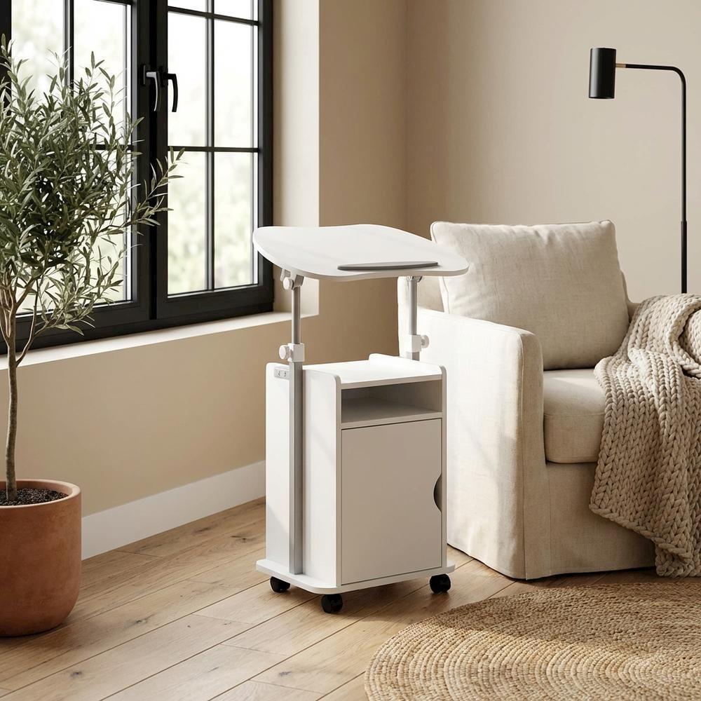 Adjustable White Rolling Laptop Cart With Storage For Versatile Office Use