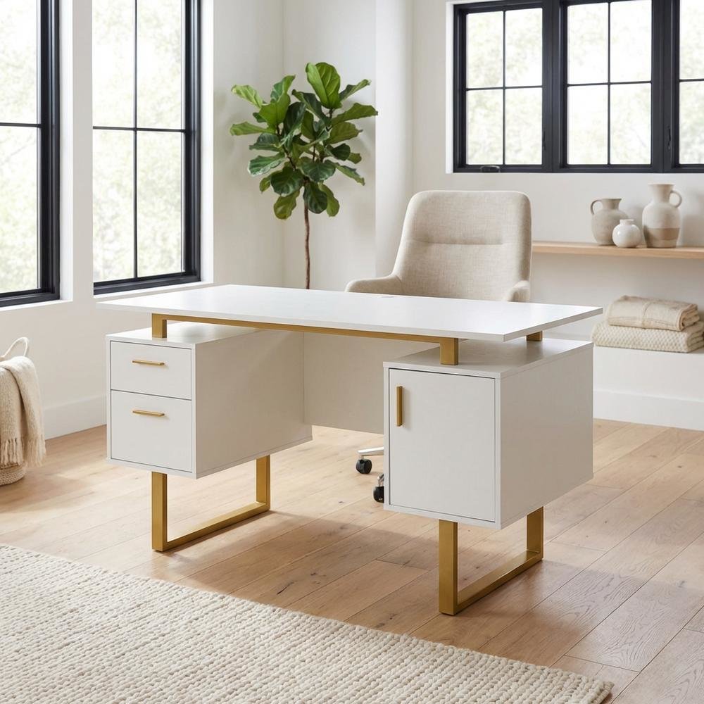 White And Gold Office Desk With Drawers And Storage Compartments