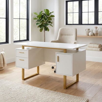 White And Gold Office Desk With Drawers And Storage Compartments