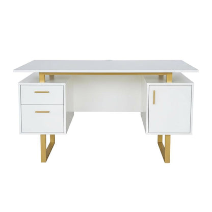 White And Gold Office Desk With Drawers And Storage Compartments