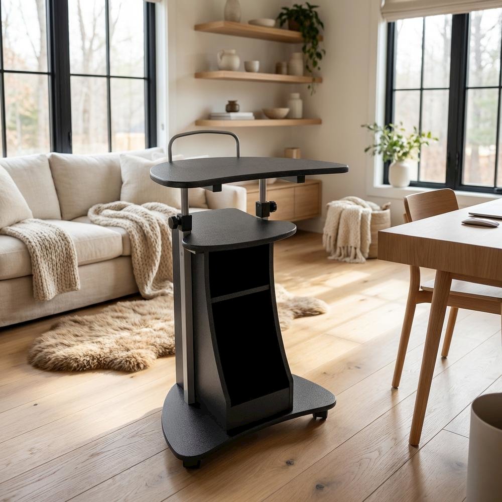 Graphite Mobile Adjustable Laptop Cart With Storage For Home Office Use