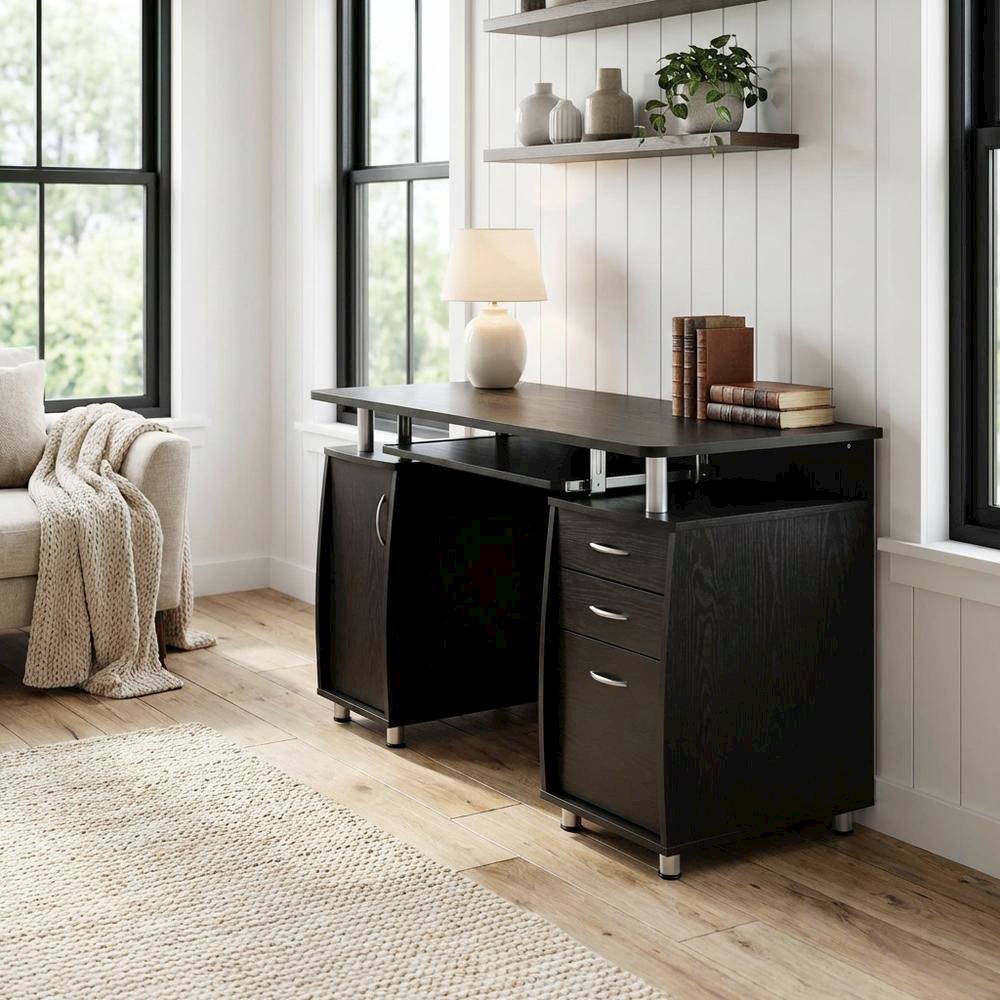Espresso Finish Computer Desk With Storage And Spacious Work Surface