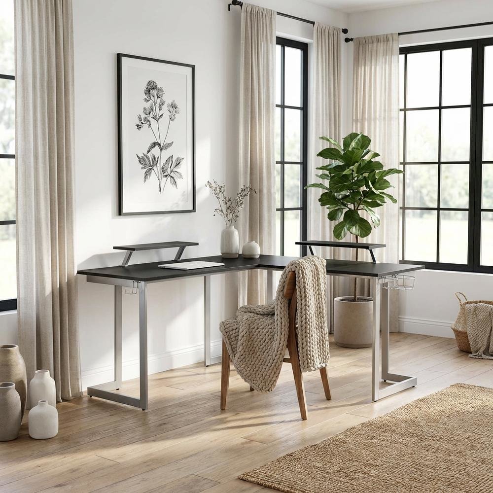 Black L-Shaped Gaming Desk with Spacious Surface and Durable Design