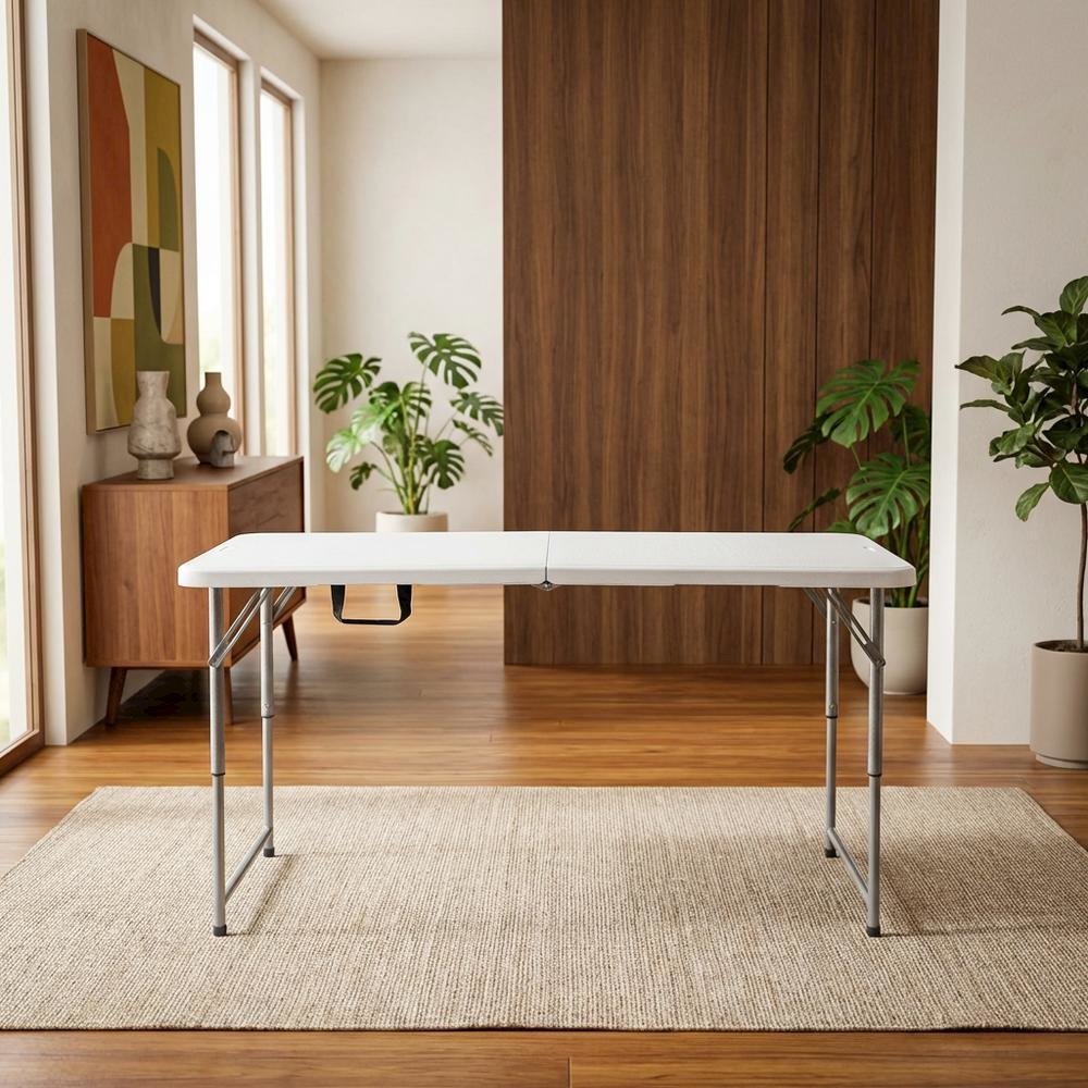 White Height Adjustable Folding Table, Granite Resin, Seats 4