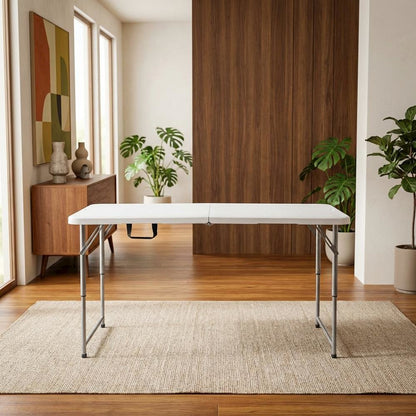 White Height Adjustable Folding Table, Granite Resin, Seats 4
