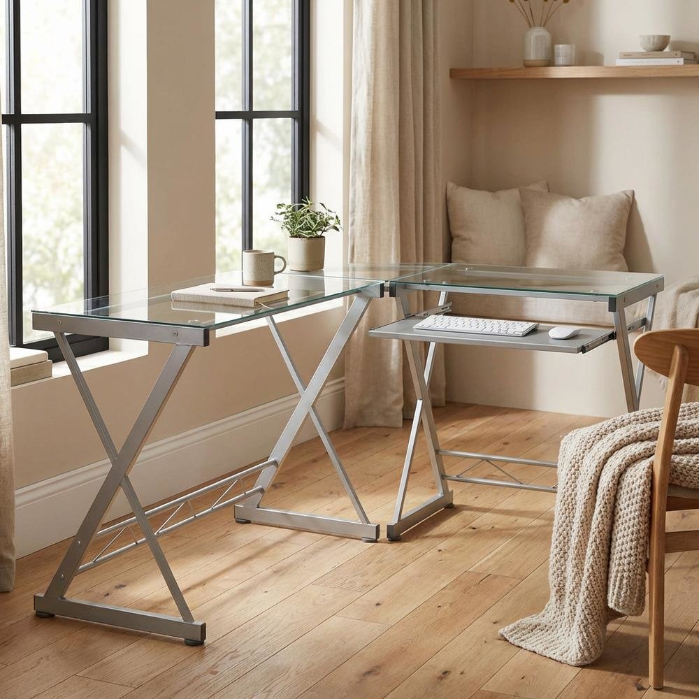 L-Shaped Clear Glass Top Computer Desk, Pull-Out Keyboard Shelf And Cpu Caddy