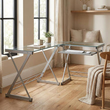L-Shaped Clear Glass Top Computer Desk, Pull-Out Keyboard Shelf And Cpu Caddy