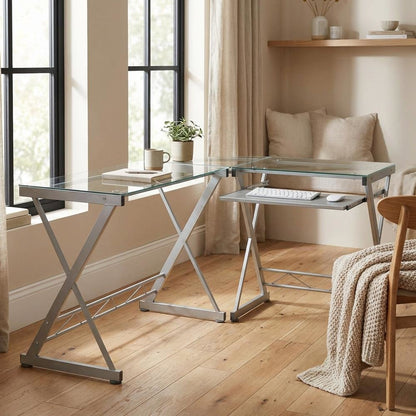 L-Shaped Clear Glass Top Computer Desk, Pull-Out Keyboard Shelf And Cpu Caddy