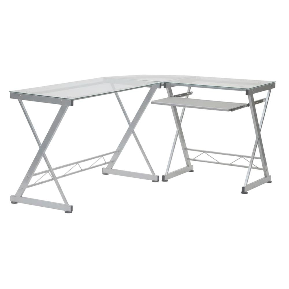 L-Shaped Clear Glass Top Computer Desk, Pull-Out Keyboard Shelf And Cpu Caddy