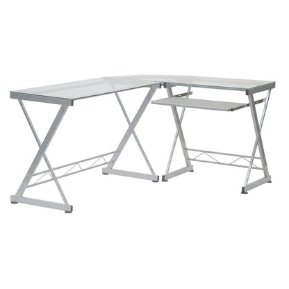 L-Shaped Clear Glass Top Computer Desk, Pull-Out Keyboard Shelf And Cpu Caddy