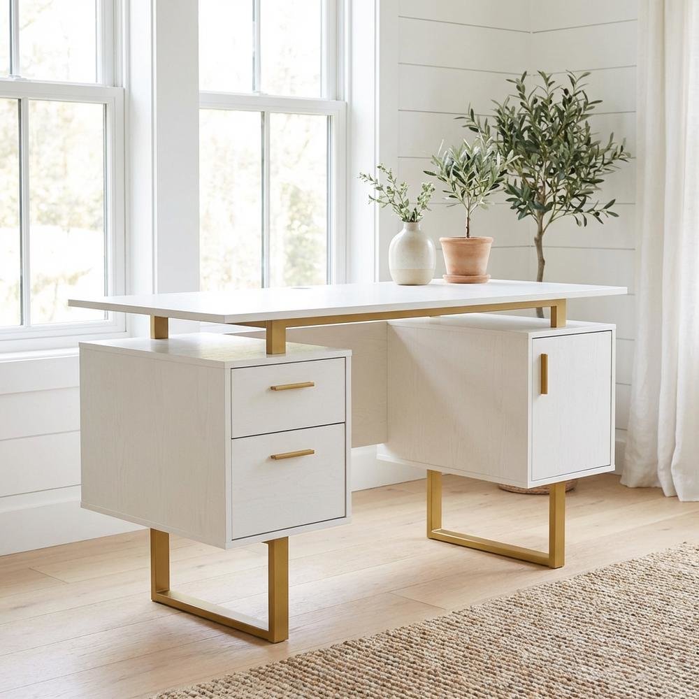 White And Gold Office Desk With Drawers And Storage Compartments