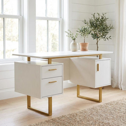 White And Gold Office Desk With Drawers And Storage Compartments