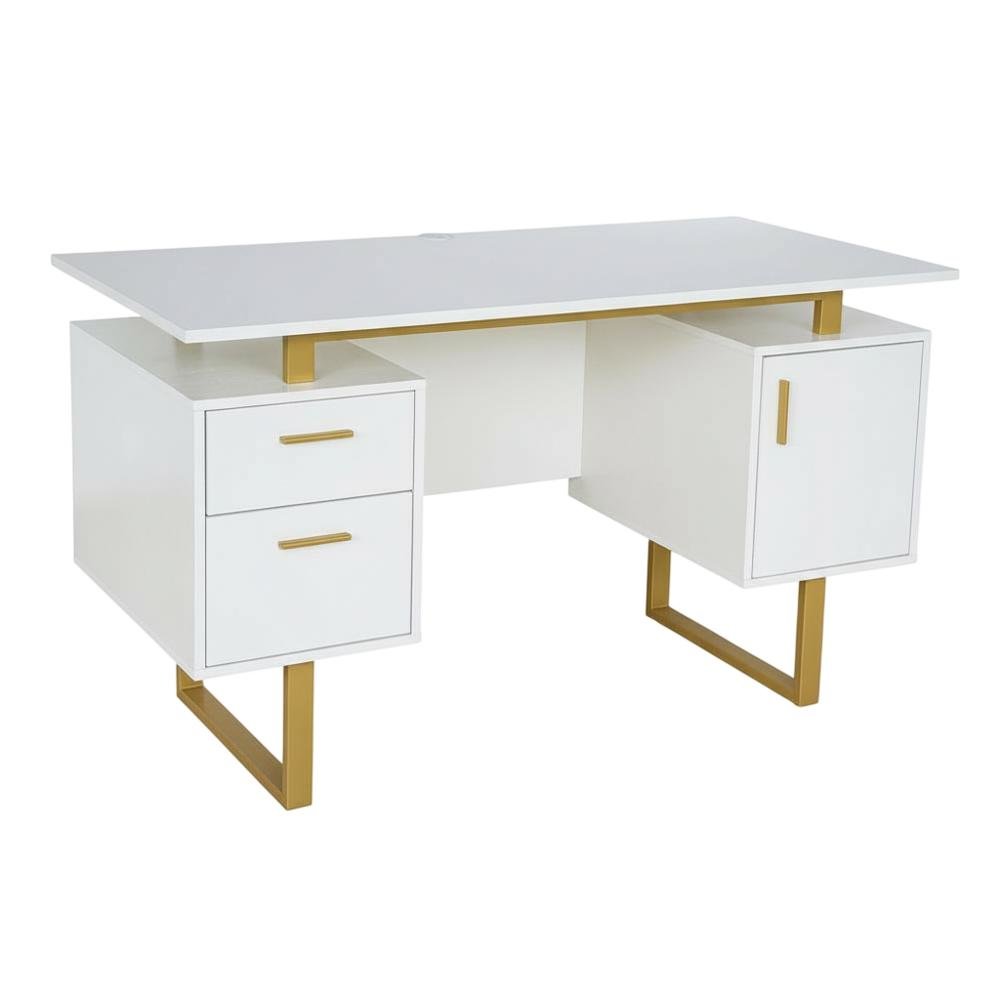 White And Gold Office Desk With Drawers And Storage Compartments